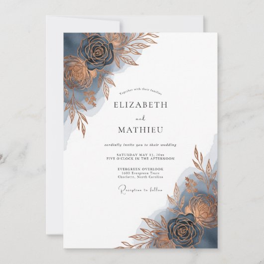 Indigo Brushstroke Bloom Wedding Kaart (Voorkant)