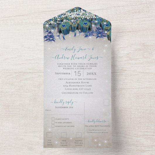 Indigo Bunting Peacock Fairy Lights Wedding All In One Uitnodiging (Binnen)