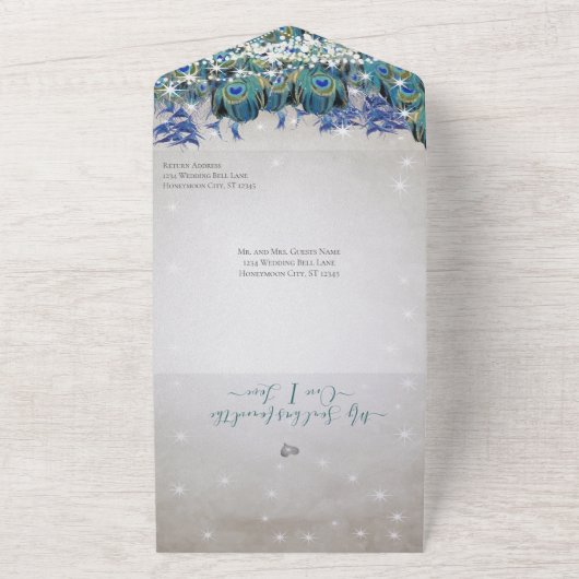 Indigo Bunting Peacock Fairy Lights Wedding All In One Uitnodiging (Buitenkant)