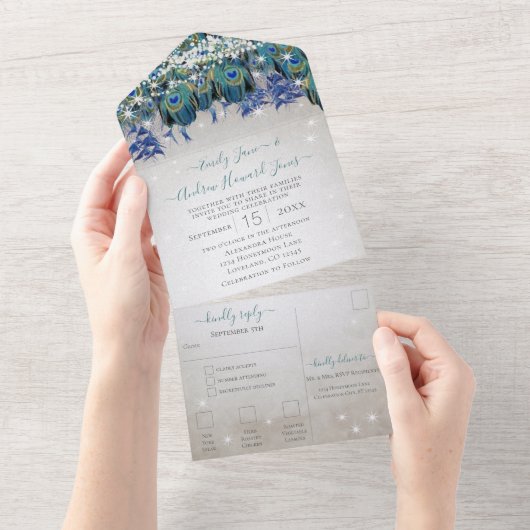 Indigo Bunting Peacock Fairy Lights Wedding All In One Uitnodiging (Afscheurbaar)