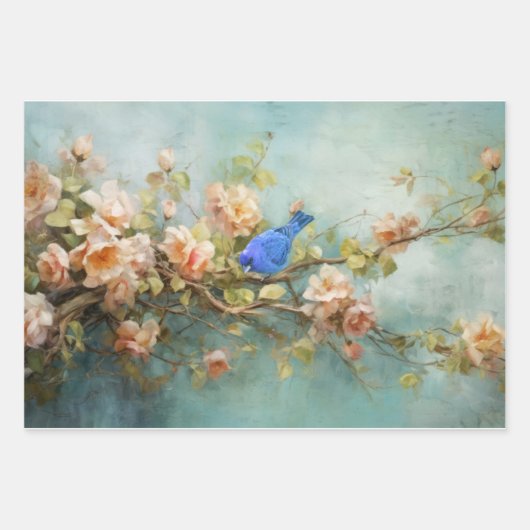 Indigo Bunting Vogel en Bloemen Decoupage Papier Inpakpapier Vel (Voorkant 2)