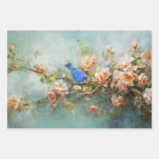 Indigo Bunting Vogel en Bloemen Decoupage Papier Inpakpapier Vel (Voorkant)