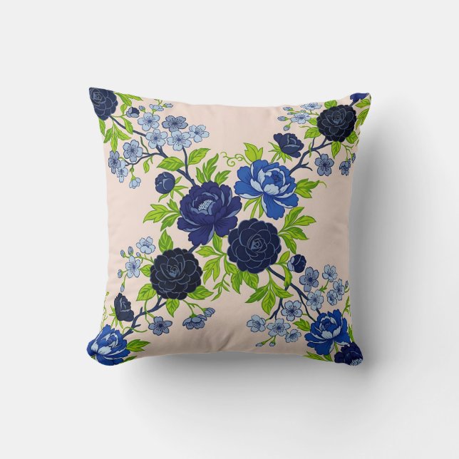 Indigo Camellia's Bloemige Monochroom Kussen (Voorkant)
