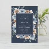 Indigo Champagne Bloemblad Bruiloft Kaart (Staand voorkant)