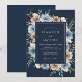 Indigo Champagne Bloemblad Bruiloft Kaart (Voorkant / Achterkant)