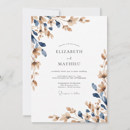 Indigo Champagne Loof Eucalyptus Bruiloft Kaart (Voorkant)