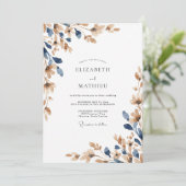 Indigo Champagne Loof Eucalyptus Bruiloft Kaart (Staand voorkant)