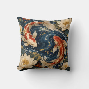 Indigo Cinnabar Koi Waterlelie Kussen