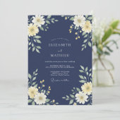 Indigo Crème Bloemblad Bruiloft Kaart (Staand voorkant)