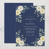 Indigo Crème Bloemblad Bruiloft Kaart (Voorkant / Achterkant)