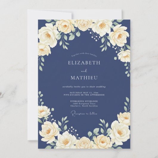 Indigo Crème Ranunculus Eucalyptus Bruiloft Kaart (Voorkant)
