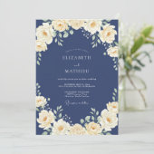 Indigo Crème Ranunculus Eucalyptus Bruiloft Kaart (Staand voorkant)