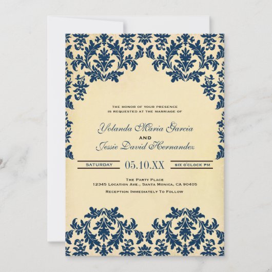  Indigo, Damask Wedding Kaart (Voorkant)