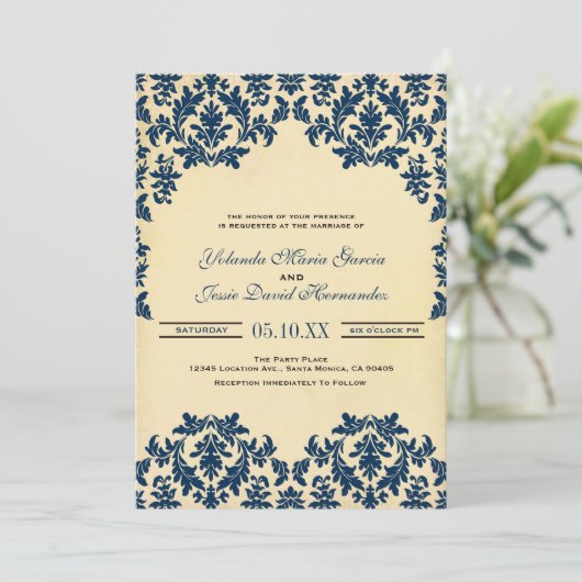  Indigo, Damask Wedding Kaart (Staand voorkant)