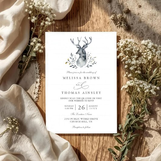 Indigo Deer Boho Rustieke Elegante QR Code Trouwen Kaart