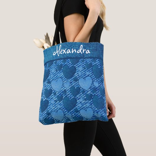 Indigo Denim Blue Jeans Hart Naam monogram afdrukk Tote Bag (Dichtbij)