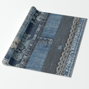 Indigo Denim Kant Streep Patroon Cadeaupapier