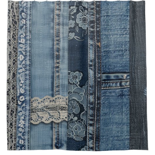 Indigo Denim Kant Streep Patroon Douchegordijn (Voorkant)