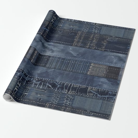 Indigo Denim Patchwork Naadloos Patroon (2) Cadeaupapier (Uitgerold)