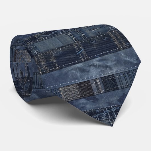 Indigo Denim Patchwork Naadloos Patroon (2) Stropdas (Opgerold)