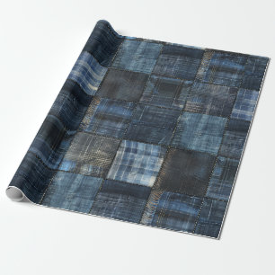 Indigo Denim Patchwork Naadloos Patroon Cadeaupapier