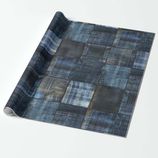 Indigo denim patchwork naadloos patroon cadeaupapier (Uitgerold)