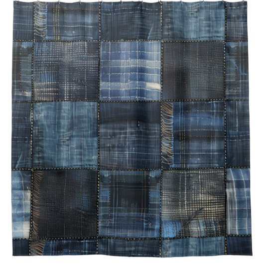 Indigo denim patchwork naadloos patroon douchegordijn (Voorkant)