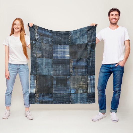 Indigo denim patchwork naadloos patroon fleece deken (In situ)