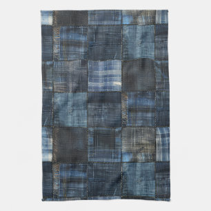 Indigo Denim Patchwork Naadloos Patroon Theedoek