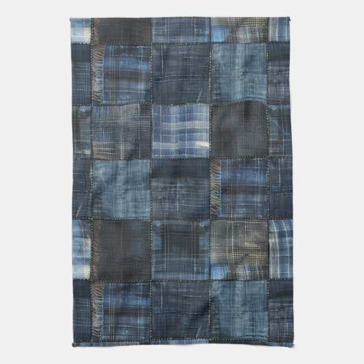 Indigo Denim Patchwork Naadloos Patroon Theedoek (Verticaal)