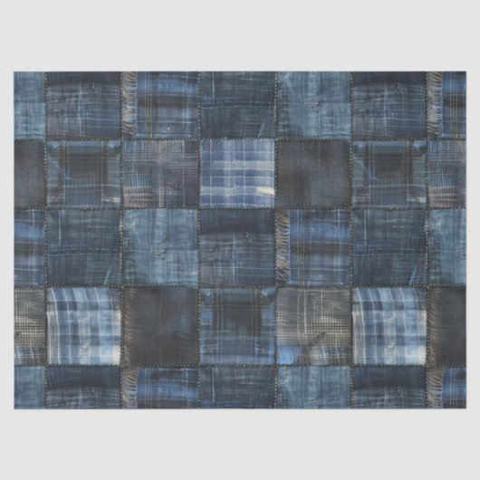 Indigo denim patchwork naadloos patroon tissuepapier (Voorkant)