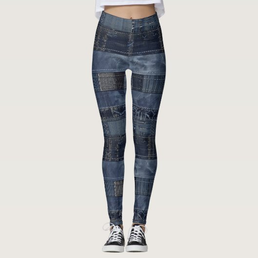 Indigo Denim Patchwork Seamless Pattern (2) Leggings (Voorkant)