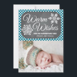 Indigo Dot Chalkboard Snowflake Holiday-fotokaart Feestdagenkaart<br><div class="desc">Voeg je favoriete familiefoto of babyjongen of babymeisje met de eerste vakantie of kerstvakantie toe aan dit mooie, moderne en winterse fotokaartje met twee sneeuwvlokken op een achtergrond van een krijtbord en een indigo blauw tinpokpunctiepatroon. Het zegt Warm Wishes en het kan met uw familienaam, jaar en individuele familieleden worden...</div>