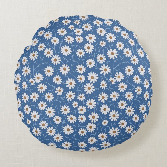 Indigo Dream Daisies Rond Kussen (Voorkant)