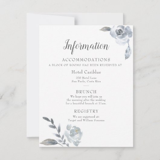 Indigo Dusty Blue Floral Wedding Details Card Kaart (Voorkant)