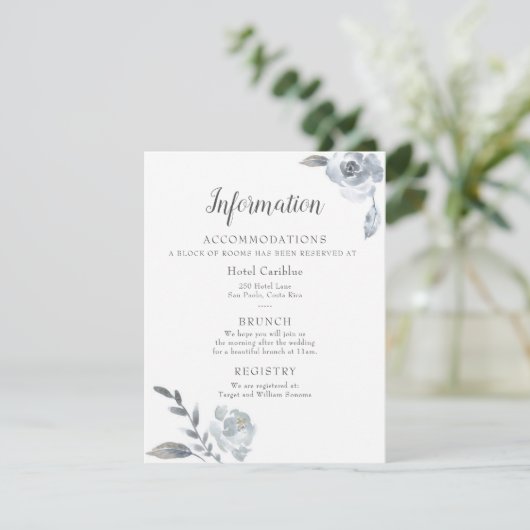 Indigo Dusty Blue Floral Wedding Details Card Kaart (Staand voorkant)