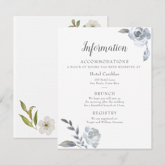 Indigo Dusty Blue Floral Wedding Details Card Kaart (Voorkant / Achterkant)