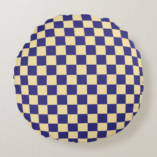 Indigo en boter dambordpatroon rond kussen