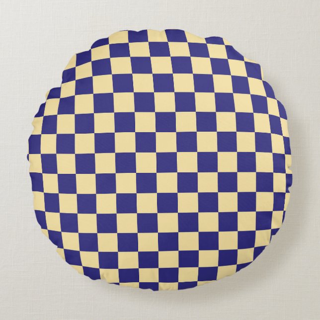 Indigo en boter dambordpatroon rond kussen (Voorkant)