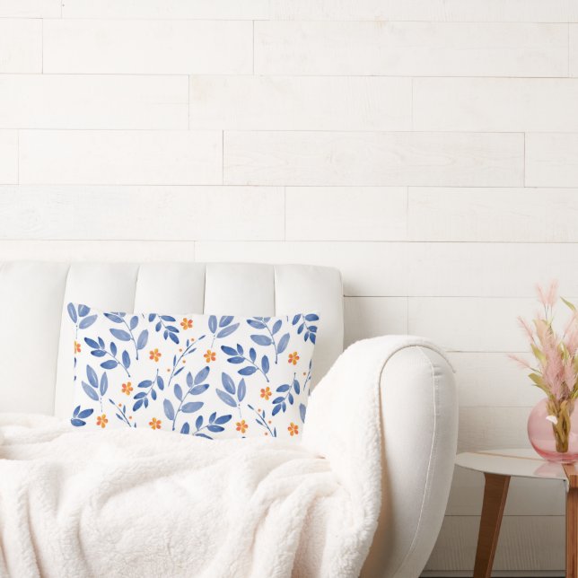 Indigo en Oranje Waterverf Botanische patronen Kussen (Bank)