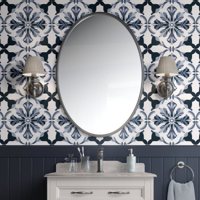 Indigo Floral Elegance Marine & Grijs Frans Land Behang (Timeless Indigo Floral Tiles Peel and Stick Wallpaper)