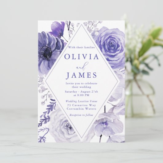 Indigo Floral Elegant Lijst bruiloft Kaart (Staand voorkant)