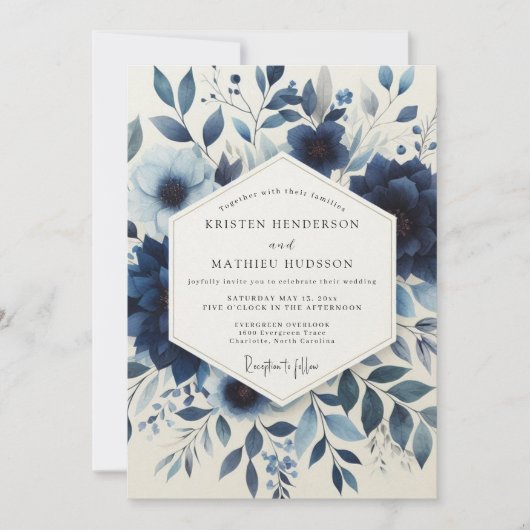 Indigo Floral Enchantment Wedding Kaart (Voorkant)