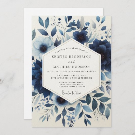 Indigo Floral Enchantment Wedding Kaart (Voorkant / Achterkant)