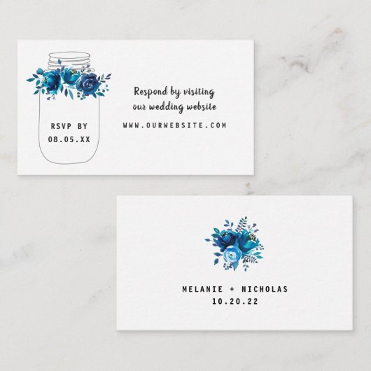 Indigo Floral Mason Jar rsvp Informatiekaartje (Voorkant / Achterkant)