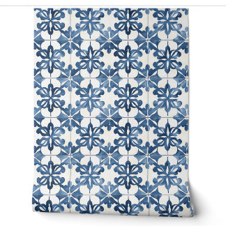 Indigo Floral Medley Petite - Blauw en Crème Behang