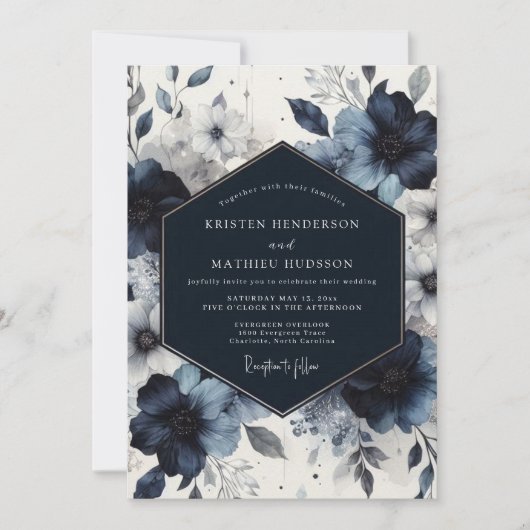 Indigo Floral Moody Romance Wedding Kaart (Voorkant)
