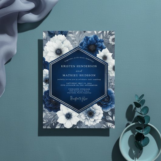 Indigo Floral Opulent Wedding Kaart