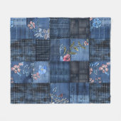 Indigo Floral Patchwork Pattern | Boho Denim Fleece Deken (Voorkant (Horizontaal))