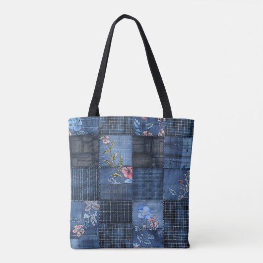 Indigo Floral Patchwork Pattern | Boho Denim Tote Bag (Achterkant)